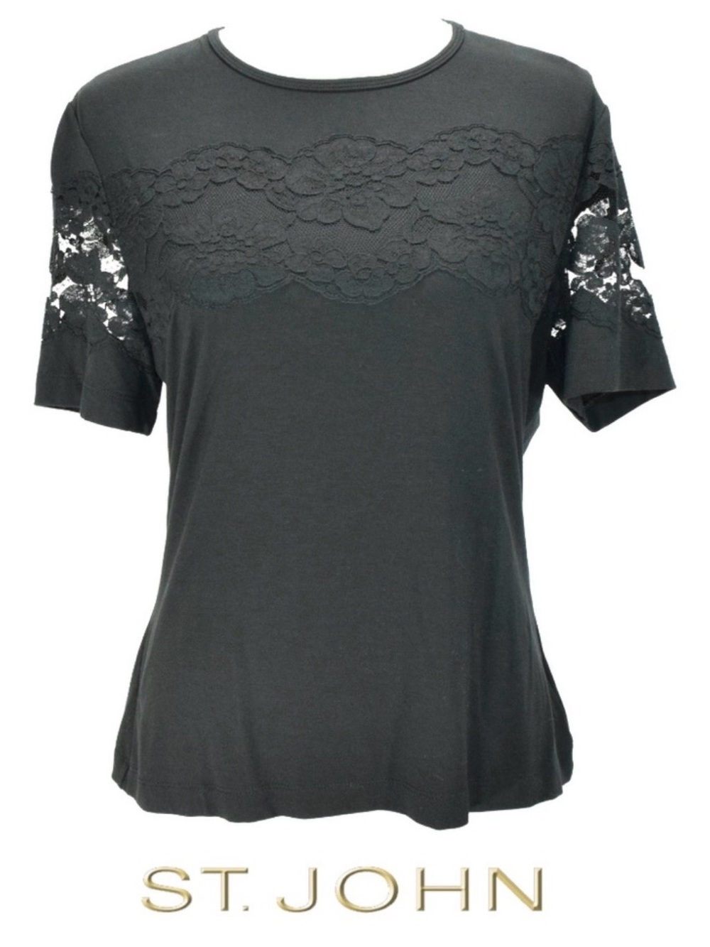 St. John Couture Collection Black‎ t-shirt top tonal floral lace GUC MEDIUM m